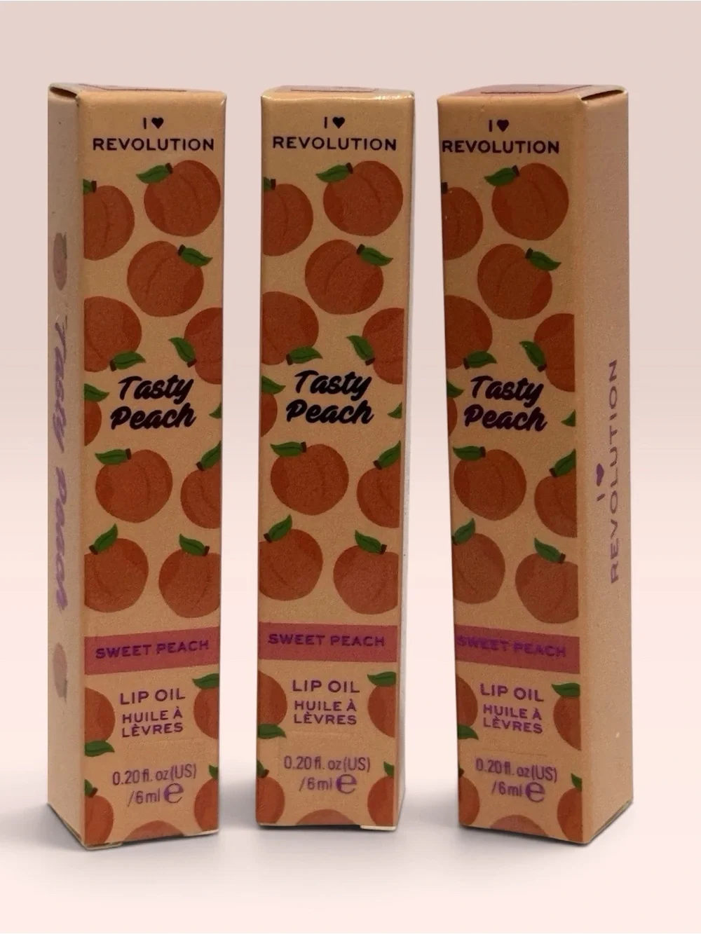 I Heart Revolution Tasty Peach Lip Oil Sweet Peach 3-Pc Set Vegan NIB Sealed